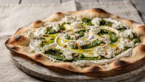 Flammkuchen mit Bärlauch und Ziegenkäse: Knusprig in 12 Minuten aus dem Ofen